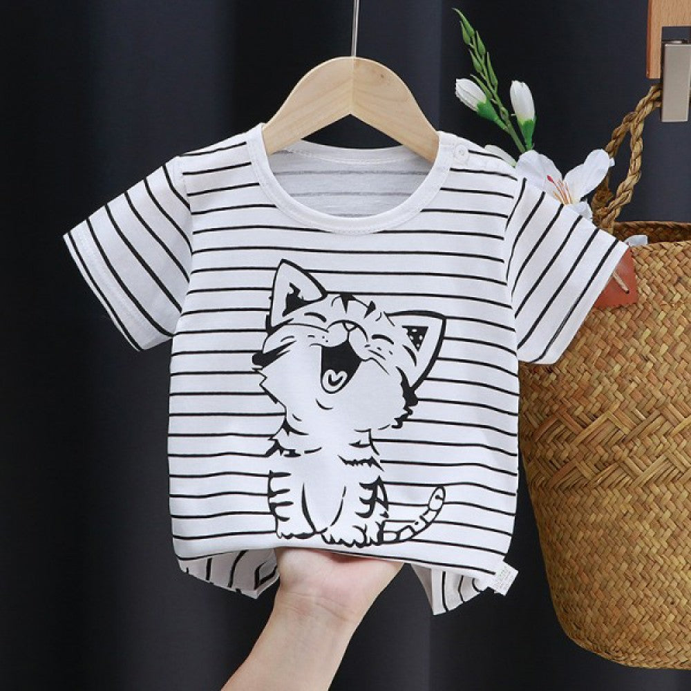 3-6 Months Infant Baby Boy T-Shirt - Newborn Baby Girls Cartoon Print Short Sleeves Round Neck T-Shirt For Kids - Black And White - Shop N Save