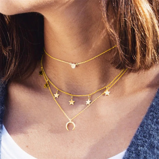 Bohemian Star Moon Necklace: Multi-Layer Vintage Crystal Geometric Jewelry - Shop N Save