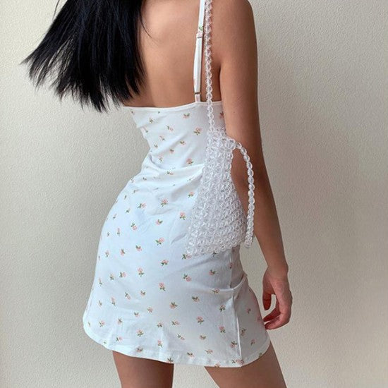 Floral Slim Dress - Printed V-Neck Cross Slim Sleeveless Cute Backless Patry Black Mini Women Dresses - Dark Blue