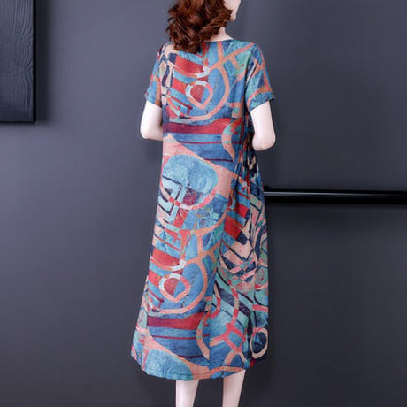 Fashion Midi Women Dress - Oversized Dress Short Sleeve Pullover Chic Loose Female Big Size O-Neck Long Casual Dress - Multicolor