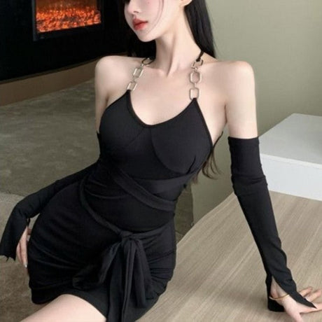 Women Mini Dresses - Slim Design Hot Girls Pure Soft Cotton Club Leisure Vestidos Personality Hollow Outfit Dress - Black