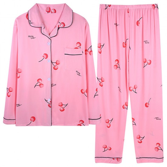 2Pcs Floral Printed Pajama Set - Solid Color Round Collar Neck Long Sleeves With Trouser Sleepwear For Women Nightwear - Barbie Pink
