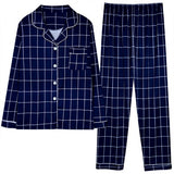 2Pcs Checked Printed Pajama Set - Solid Color Round Collar Neck Long Sleeves With Trouser Sleepwear For Women Nightwear - Dark Blue