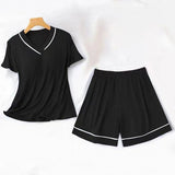 3Pcs Solid Color Pajama Set - V Neck Half Sleeves Short Trouser Shirt With Long Shirt Sleepwear For Women Nightwear - Black