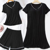 3Pcs Solid Color Pajama Set - V Neck Half Sleeves Short Trouser Shirt With Long Shirt Sleepwear For Women Nightwear - Black