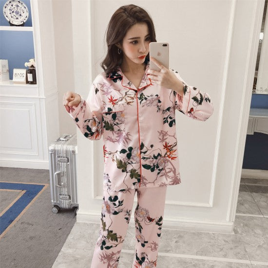 Floral Printed 2Pcs Pajama Set - Solid Light Pink Color Round Coller Neck Long Sleeves Printed Trouser Sleepwear for Women Nightwear