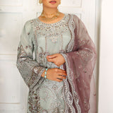 3 Piece Fancy Embroidery Dress - Stylish Light Weight Chiffon Organza Fabric Suit Indian Pakistani Fancy Embroidered Dress For Events Party Outdoor Dress - Gray - Shop N Save