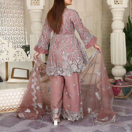 Piece Fancy Embroidery Dress - Stylish Light Weight Chiffon Organza Fabric Suit Indian Pakistani Fancy Embroidered Dress For Events Party Outdoor Dress - Dark Pink - Shop N Save