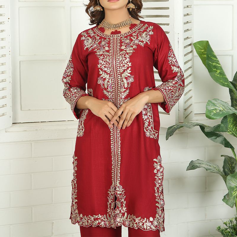 2 Piece Kurti Salwar Embroidery Set - Pure Cotton Collection Stylish Solid Color Light Weight Cotton Fabric Suit Top Bottom Salwar Kameez Indian Pakistani Embroidered Suit For Event Party Outdoor Dress - Maroon - Shop N Save