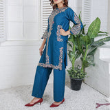 Piece Kurti Salwar Embroidery Set - Pure Cotton Collection Stylish Solid Color Light Weight Cotton Fabric Suit Top Bottom Salwar Kameez Indian Pakistani Embroidered Suit For Event Party Outdoor Dress - Dark Blue - Shop N Save