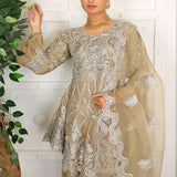 3 Piece Fancy Embroidery Dress - Stylish Light Weight Chiffon Organza Fabric Suit Indian Pakistani Fancy Embroidered Dress For Events Party Outdoor Dress - Khaki - Shop N Save