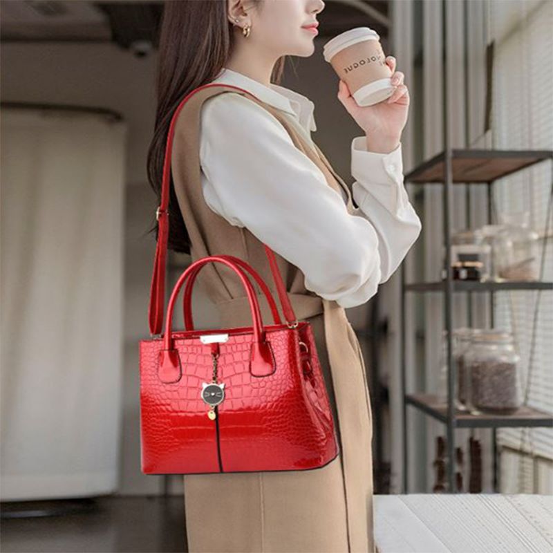 Red Croc Texture Handbag: Stylish, Spacious, Sleek, Glossy Elegance - Shop N Save