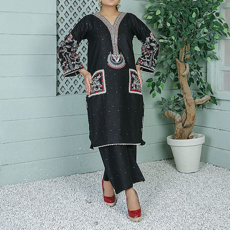2 Piece Kurti Salwar Embroidery Set - Pure Cotton Collection Stylish Solid Color Light Weight Cotton Fabric Suit Top Bottom Salwar Kameez Indian Pakistani Embroidered Suit For Event Party Outdoor Dress - Black - Shop N Save