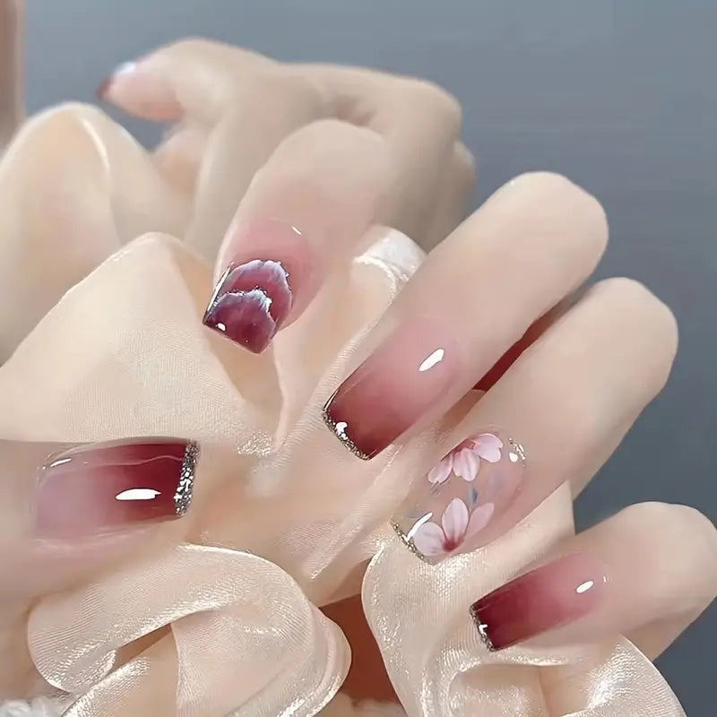 Red Camellia Square Press-On Nails - Glitter Edge, Reusable, Nail Art DIY - Shop N Save