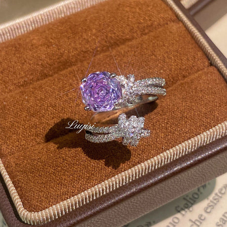 Dopamine Purple Zircon Ring, Trendy Light Luxury Stackable Ring For Women