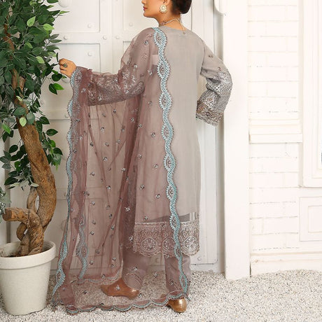 3 Piece Fancy Embroidery Dress - Stylish Light Weight Chiffon Organza Fabric Suit Indian Pakistani Fancy Embroidered Dress For Events Party Outdoor Dress - Gray - Shop N Save