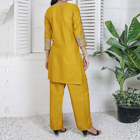2 Piece Kurti Salwar Embroidery Set - Pure Cotton Collection Stylish Solid Color Light Weight Cotton Fabric Suit Top Bottom Salwar Kameez Indian Pakistani Embroidered Suit For Event Party Outdoor Dress - Golden - Shop N Save