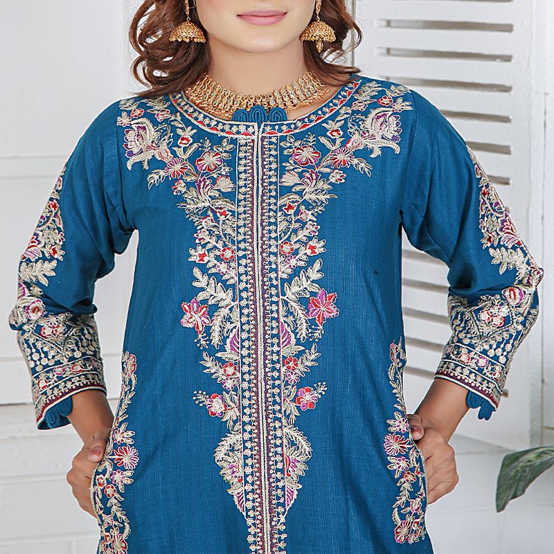 Piece Kurti Salwar Embroidery Set - Pure Cotton Collection Stylish Solid Color Light Weight Cotton Fabric Suit Top Bottom Salwar Kameez Indian Pakistani Embroidered Suit For Event Party Outdoor Dress - Dark Blue - Shop N Save