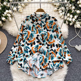Retro French-style Printed Womens Autumn Loose Slimming Top
