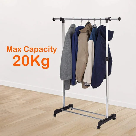 Silver Stainless Steel Telescopic Garment Rack with Wheels Portable Clothes Organizer for Easy Storage and Organization - Shop N Save