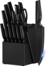 Kitchen Knife Set with Built-in Sharpener Block, Dishwasher Safe, 15 Pieces German Stainless Steel