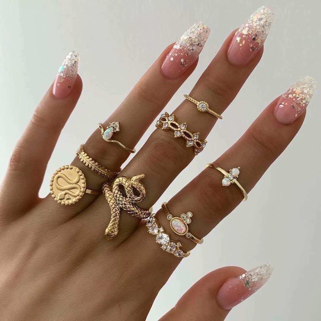 Gold Snake Ring Set - Boho Rhinestone Stackable Vintage Rings - Shop N Save