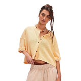 Linen Cardigan Button-up Top Three-quarter Sleeves Solid Color Womens Clothing