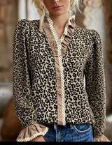 Digital-print Leopard-pattern Lace Long-sleeve Womens Versatile Top