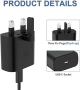 25W PD Adapter USB-C Power to USB-C Delivery Charger – Super Efficient Plug Adapter with PPS Technology and Type C Cable Included