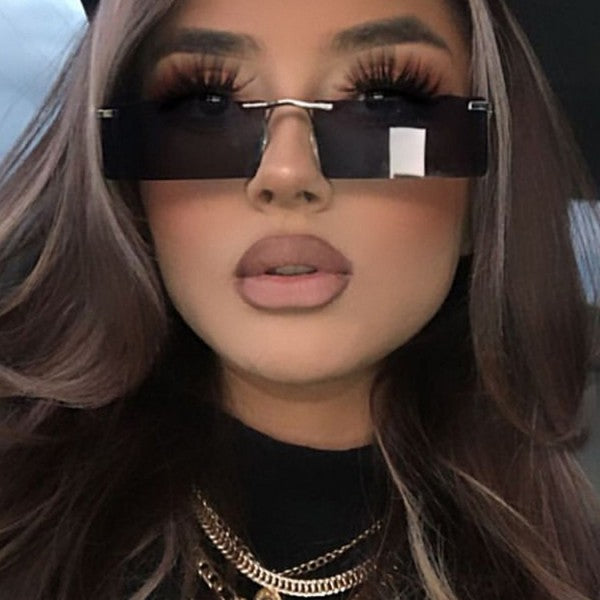 Frameless Slim Lens Personality Square Sunglasses - Dark Brown