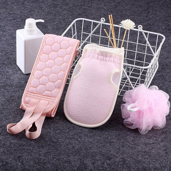 Three Piece Set Thick Rubbing Pull Bath Ball Towel - Pink - Shop N Save