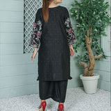 2 Piece Kurti Salwar Embroidery Set - Pure Cotton Collection Stylish Solid Color Light Weight Cotton Fabric Suit Top Bottom Salwar Kameez Indian Pakistani Embroidered Suit For Event Party Outdoor Dress - Black - Shop N Save