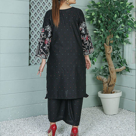 2 Piece Kurti Salwar Embroidery Set - Pure Cotton Collection Stylish Solid Color Light Weight Cotton Fabric Suit Top Bottom Salwar Kameez Indian Pakistani Embroidered Suit For Event Party Outdoor Dress - Black - Shop N Save