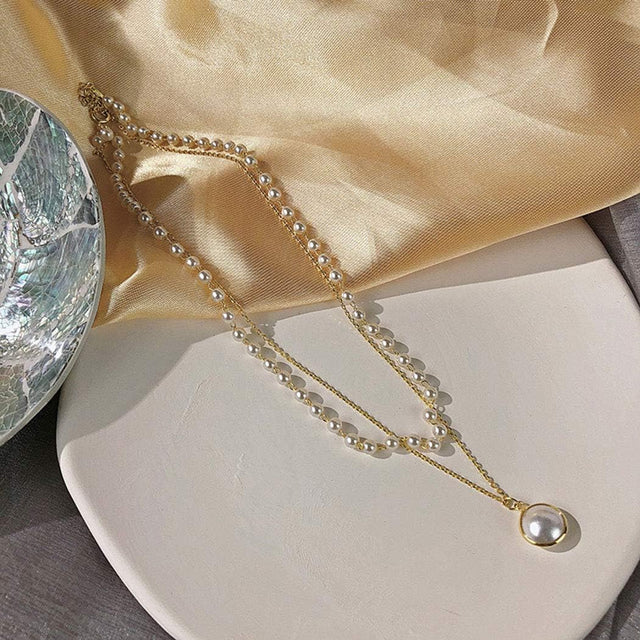 Aluinn Double Pearl Choker: Layered Gold Chain Pendant Necklace for Women - Shop N Save