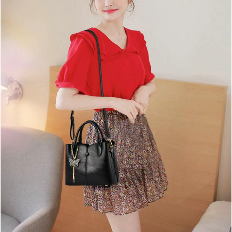 Elegant Butterfly Tassel Black Ladies Handbag Casual Style Multiple Compartments Synthetic Leather Exterior &amp; Interior Double Handle - Shop N Save