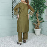 2 Piece Kurti Salwar Embroidery Set - Pure Cotton Collection Stylish Solid Color Light Weight Cotton Fabric Suit Top Bottom Salwar Kameez Indian Pakistani Embroidered Suit For Event Party Outdoor Dress - Dark Green - Shop N Save