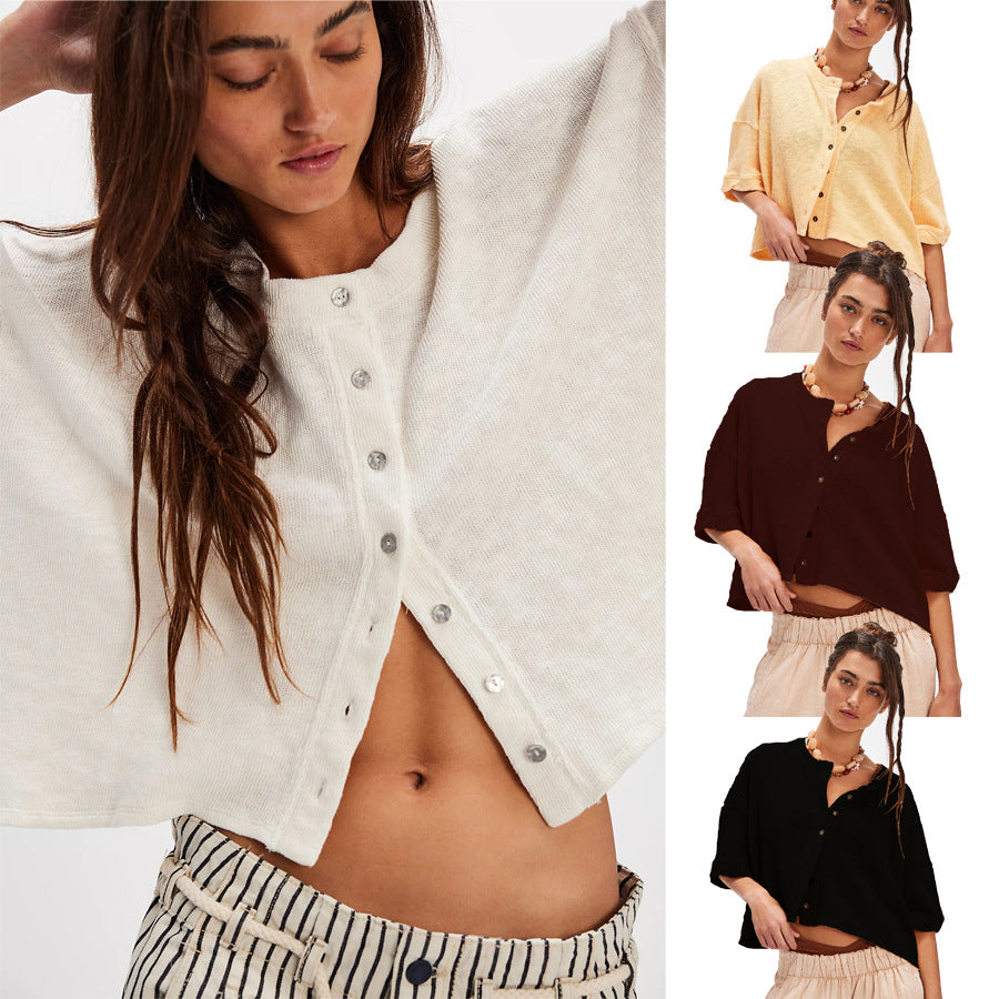 Linen Cardigan Button-up Top Three-quarter Sleeves Solid Color Womens Clothing