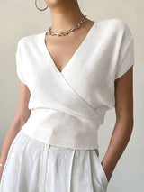 V-neck Knitted Short-sleeve High-waisted Loose T-shirt Knitted Top