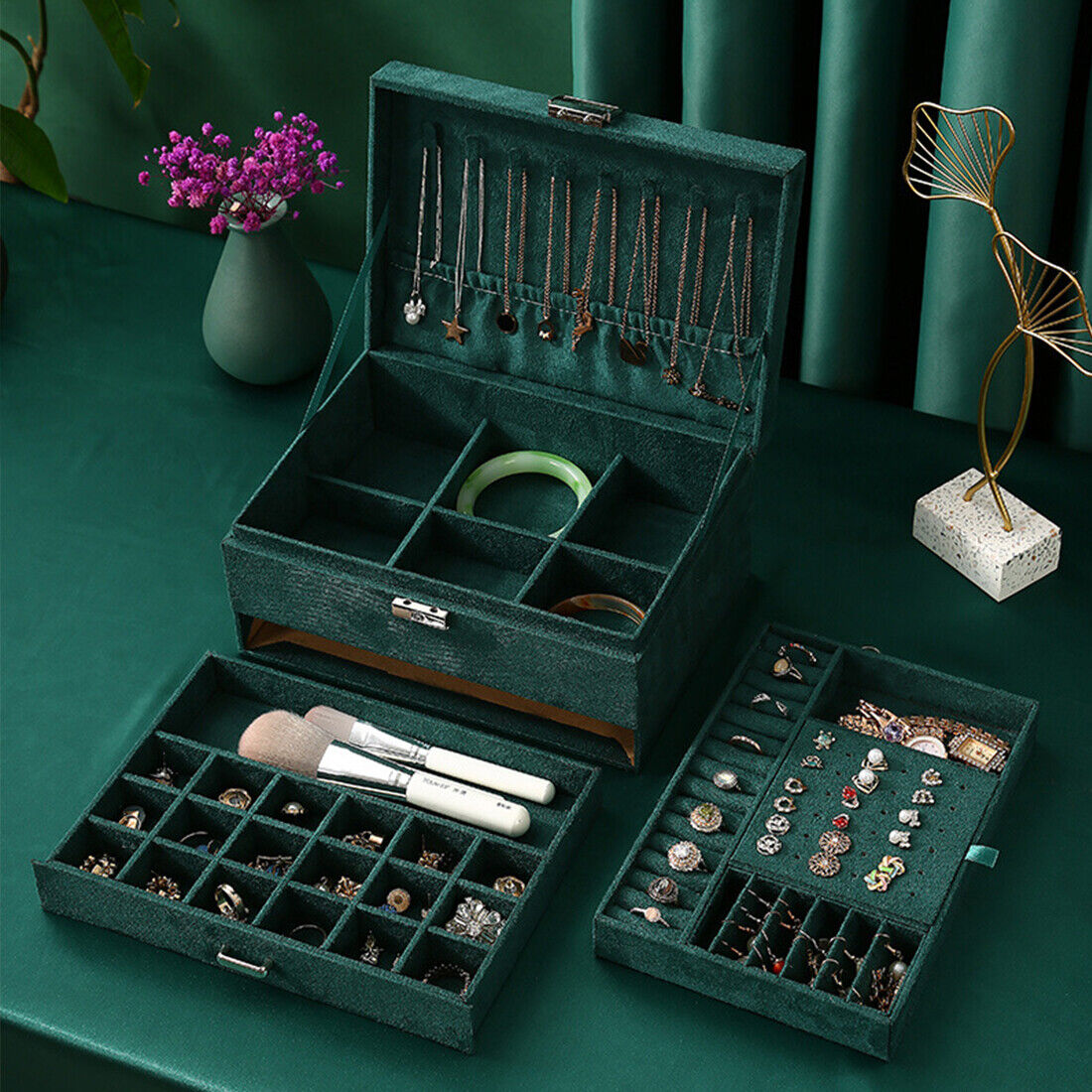 3 Layer Grey Jewellery Box Organizer Rings Necklaces Jewellry Storage Case Box