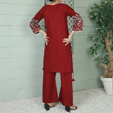 2 Piece Kurti Salwar Embroidery Set - Pure Cotton Collection Stylish Solid Color Light Weight Cotton Fabric Suit Top Bottom Salwar Kameez Indian Pakistani Embroidered Suit For Event Party Outdoor Dress - Maroon - Shop N Save