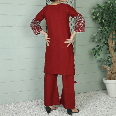 2 Piece Kurti Salwar Embroidery Set - Pure Cotton Collection Stylish Solid Color Light Weight Cotton Fabric Suit Top Bottom Salwar Kameez Indian Pakistani Embroidered Suit For Event Party Outdoor Dress - Maroon - Shop N Save