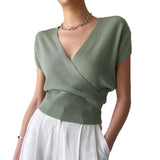 V-neck Knitted Short-sleeve High-waisted Loose T-shirt Knitted Top