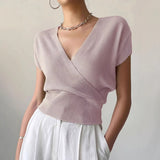 V-neck Knitted Short-sleeve High-waisted Loose T-shirt Knitted Top