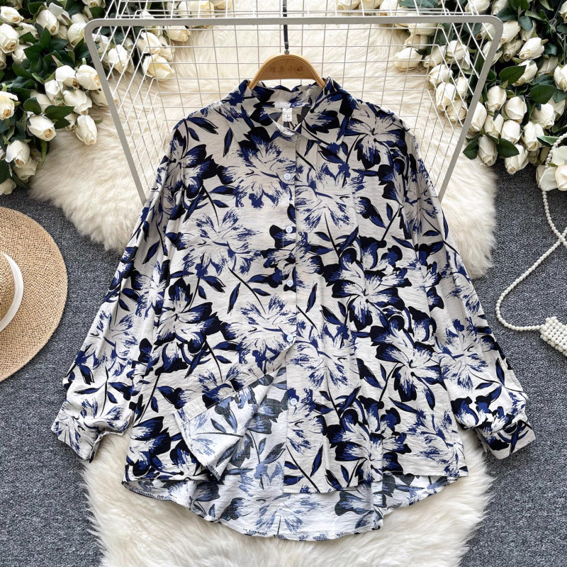 Retro French-style Printed Womens Autumn Loose Slimming Top