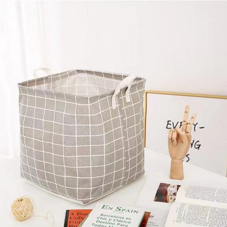 Foldable Home Lattice Cotton Linen Laundry Storage Basket