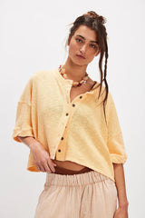 Linen Cardigan Button-up Top Three-quarter Sleeves Solid Color Womens Clothing