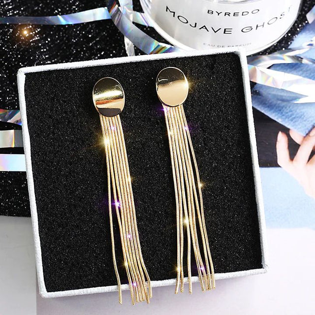 Golden Chain Tassel Earrings: Luxe Statement in Gold Plating - Shop N Save