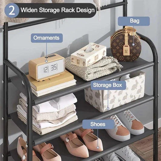 Multifunctional 4 Tiers Shoe Rack And Hat Coat Hanger - Black - Shop N Save
