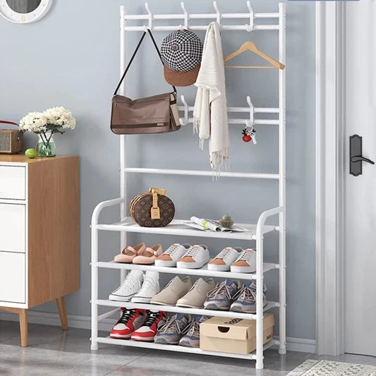 Multifunctional 4 Tiers Shoe Rack And Hat Coat Hanger - Black - Shop N Save