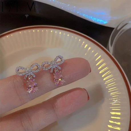 Pink Heart Earrings: Zircon Bow Stud Design - Shop N Save